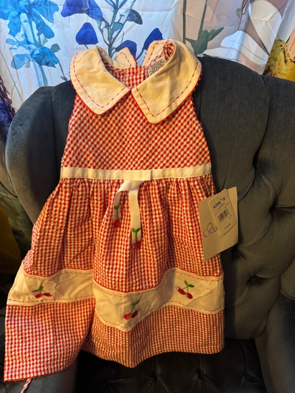 Red Gingham Cherry Appliqué Girl's Dress